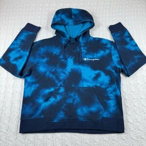 Champion fleece hoodie unisex large Blue Tie-Dye pullover sweatshirt long sleeve